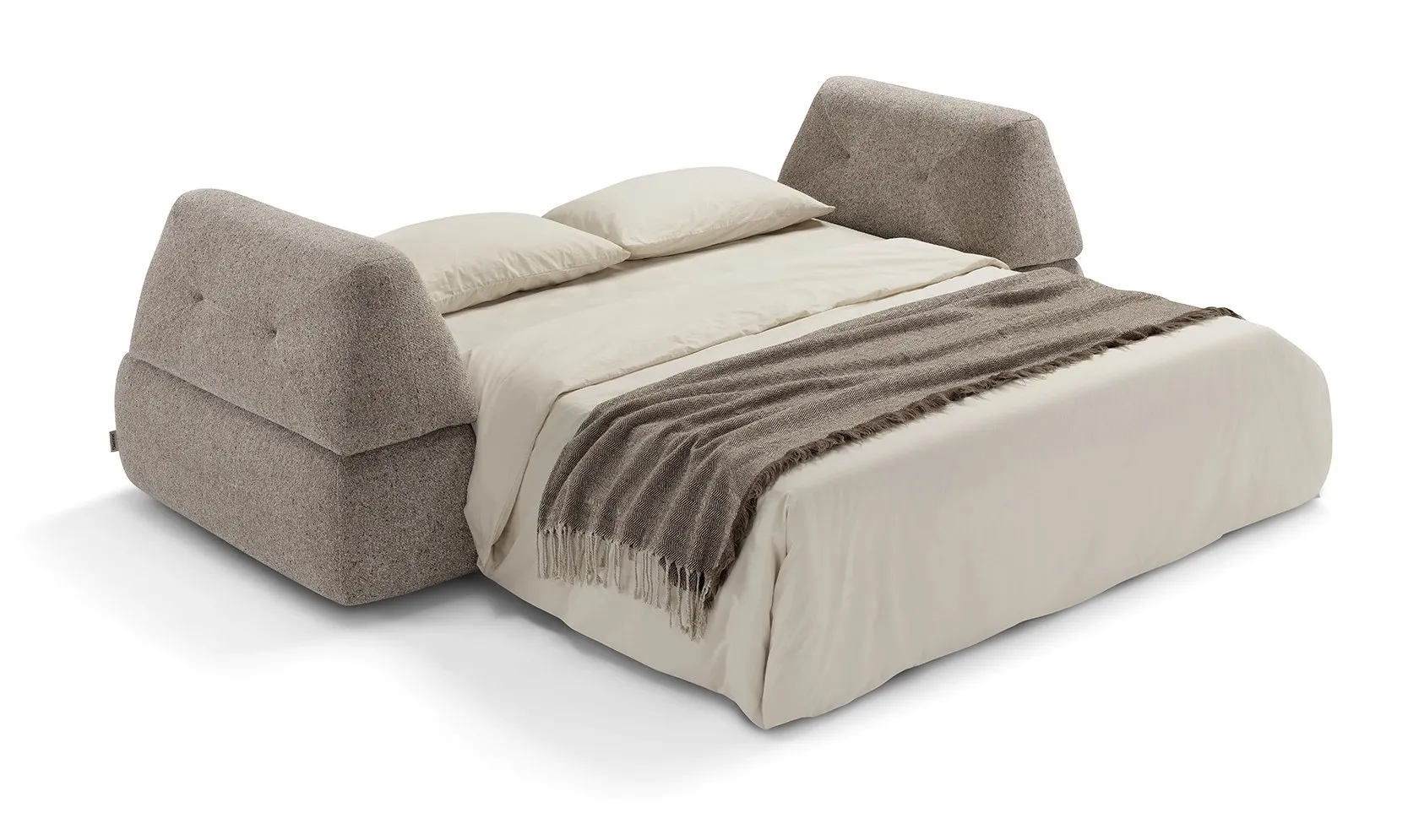Divano letto Sharp Dienne aperto con il materasso e le lenzuola