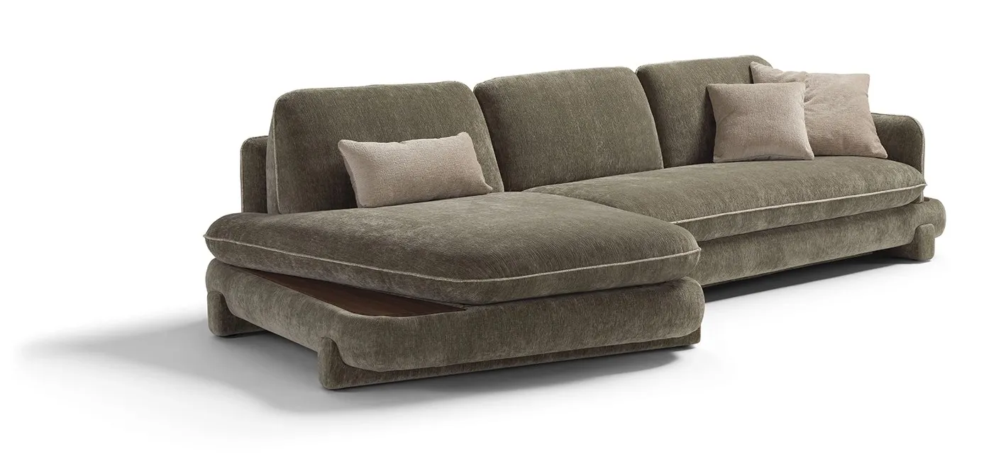 Divano letto Alma Dienne con chaise longue e piano in legno scuro sotto la seduta