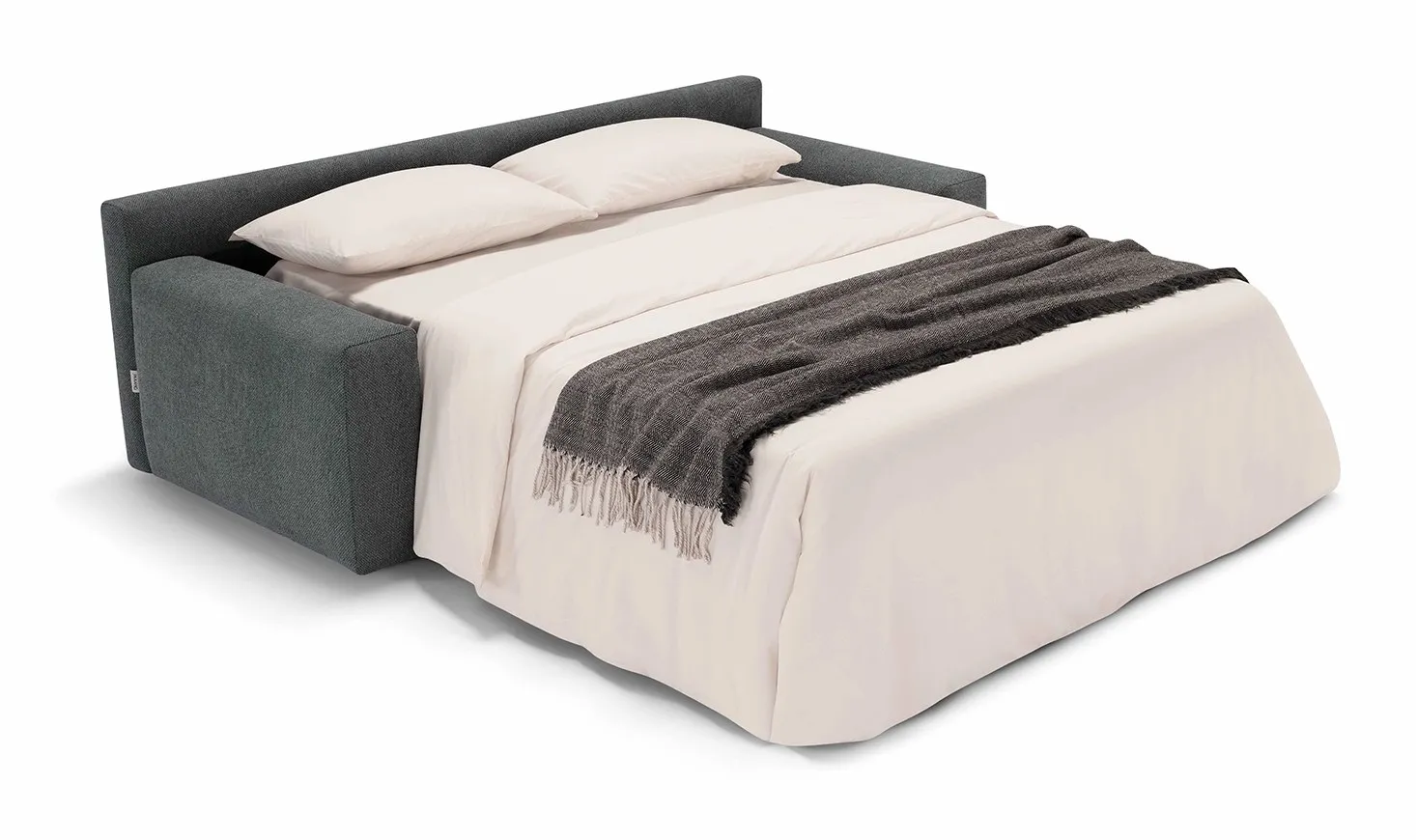 Divano letto Loop Dienne con il materasso aperto e una coperta grigia