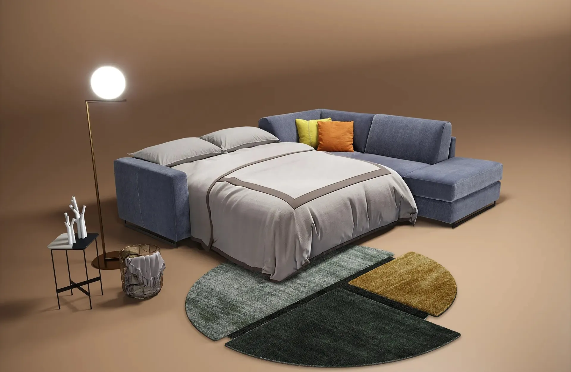 Divano letto Modular Standard Dienne ad angolo con il letto aperto davanti alla penisola