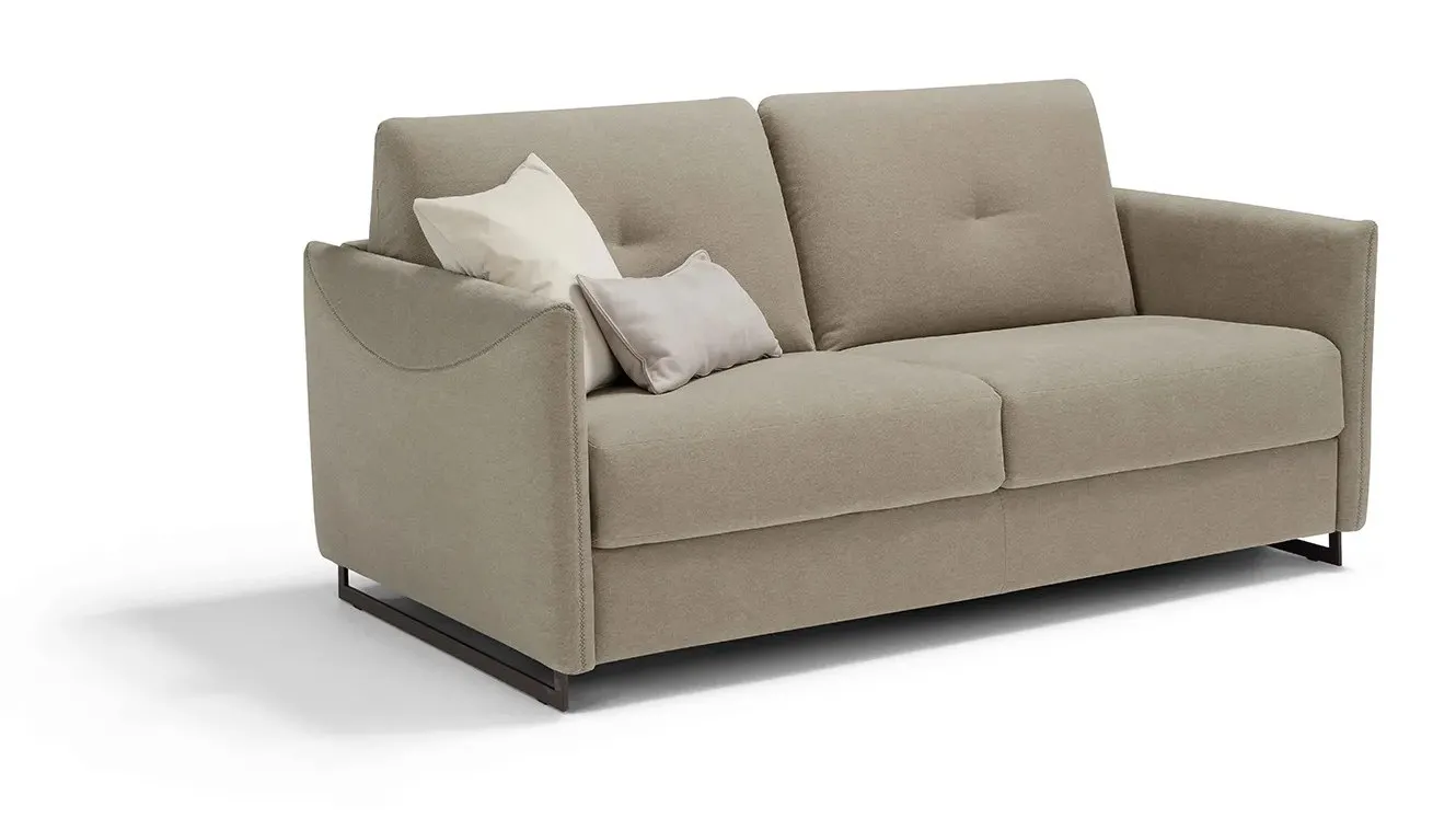 Divano letto Modular Plus Dienne beige con braccioli dritti e cuscini chiari