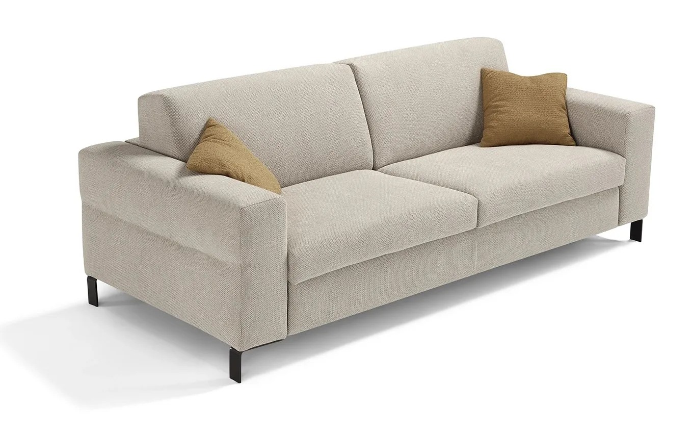Divano letto Life Dienne di tre quarti con braccioli dritti e gambe in acciaio