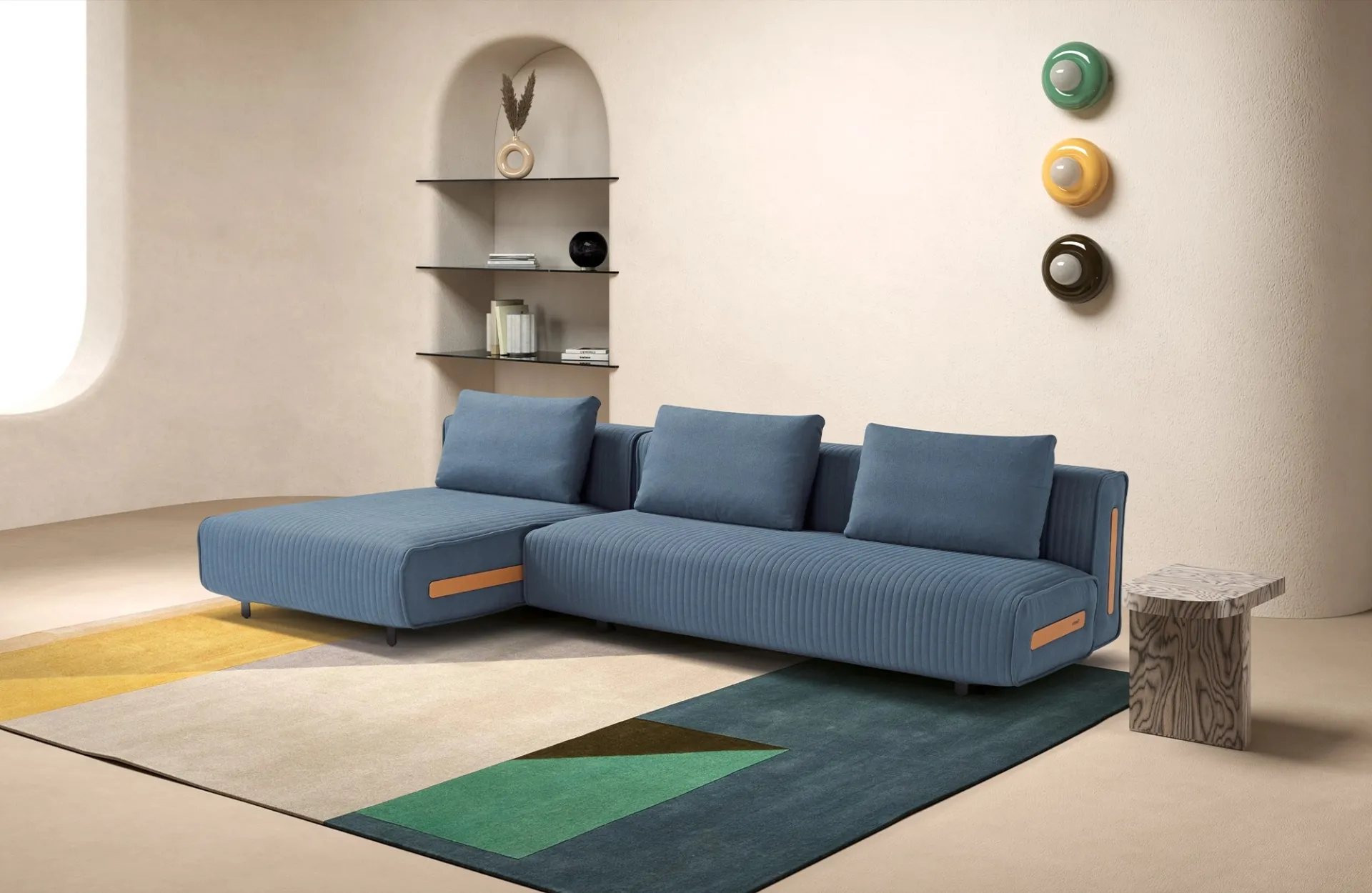 Divano letto Link Dienne azzurro a coste con chaise longue e inserti arancio sul fianco