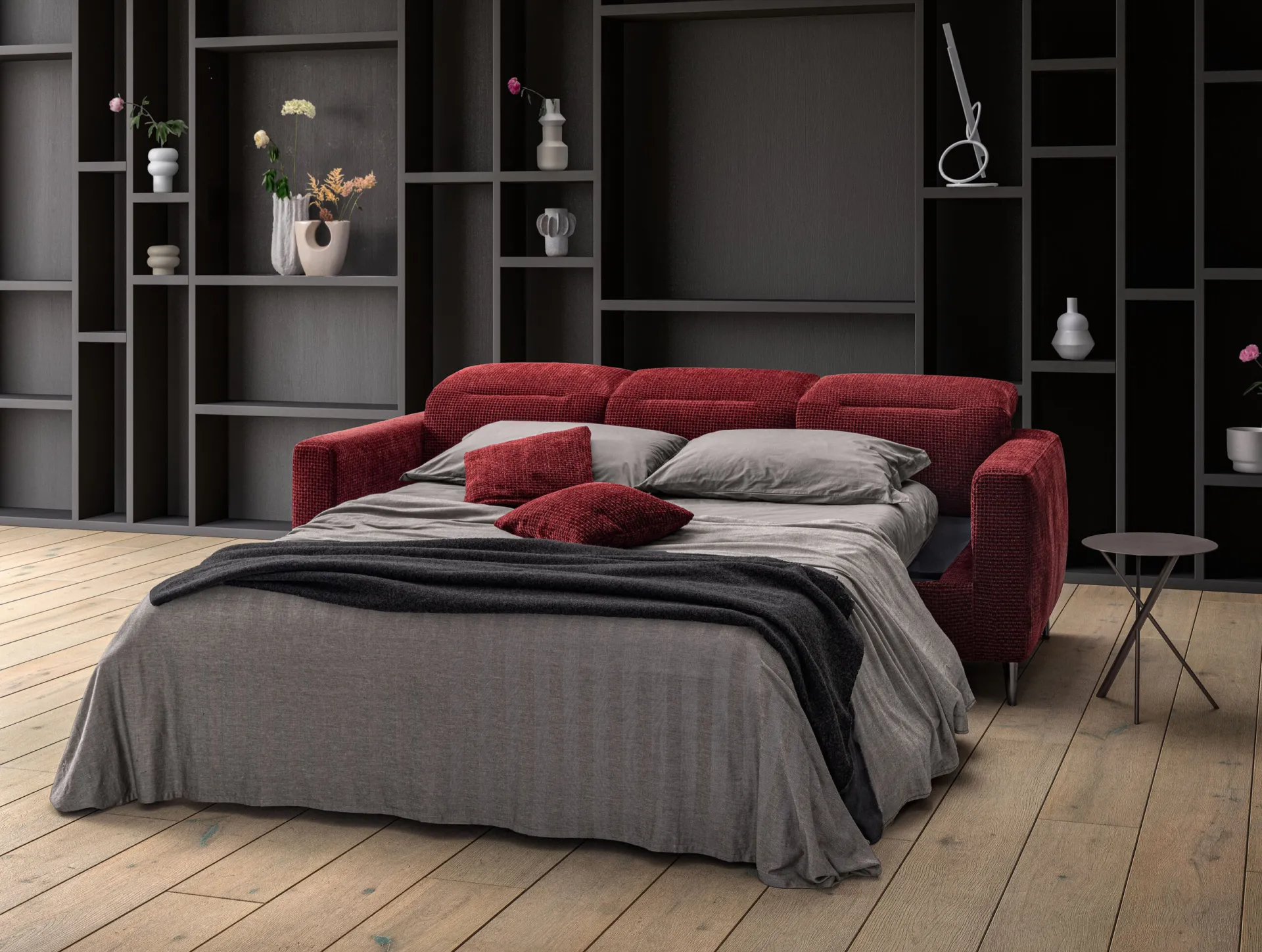 Divano letto Ghost Samoa rosso aperto, con il letto preparato