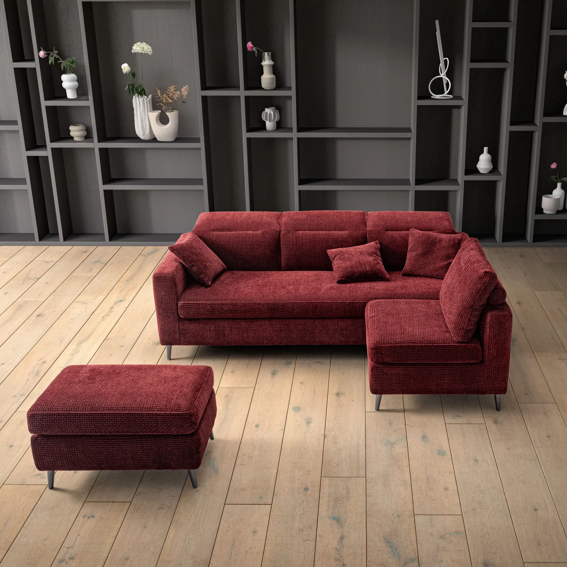Divano trasformabile Ghost Samoa rosso con chaise longue e pouf, visto dall'alto