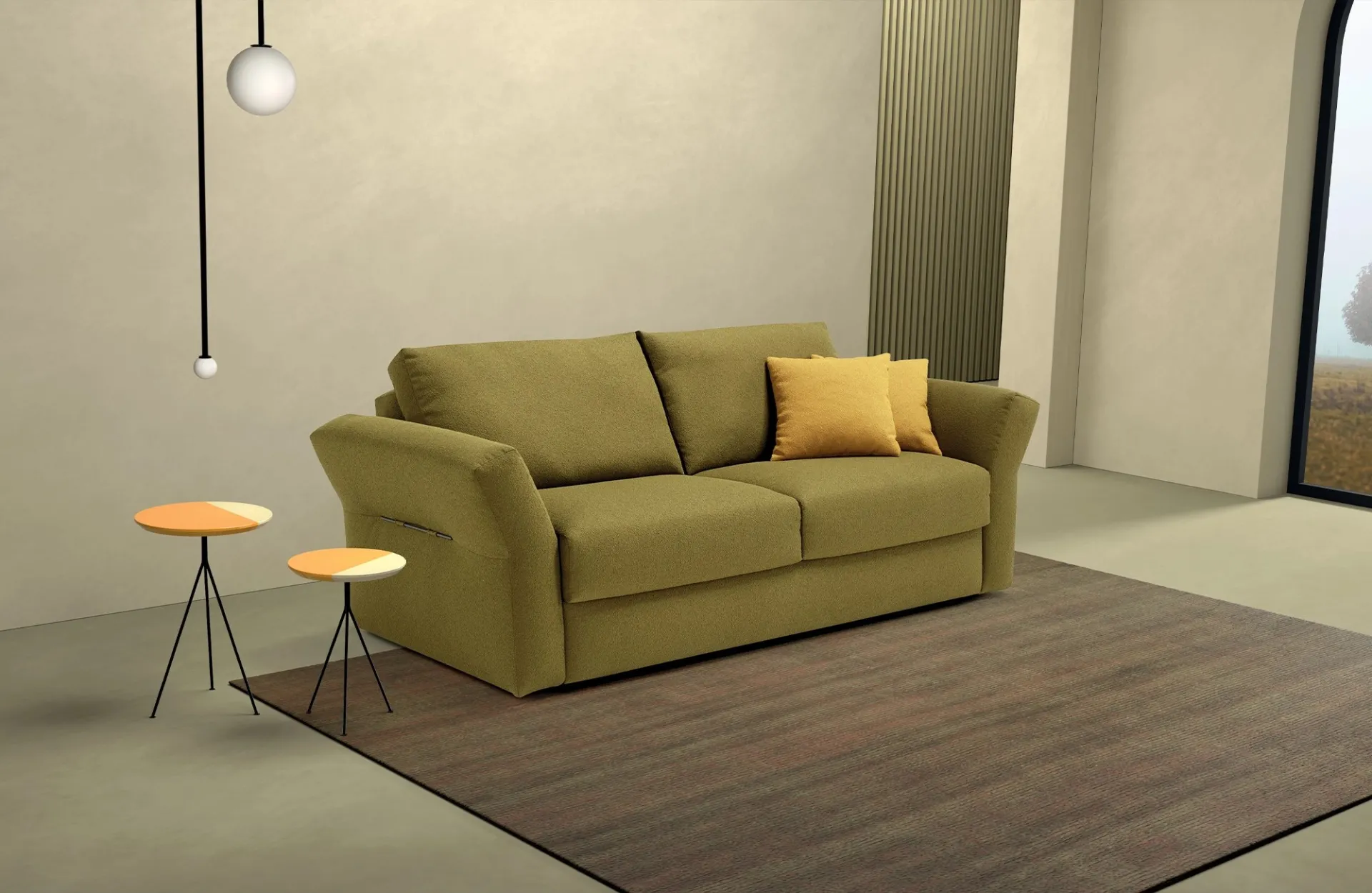 Divano letto Bold Dienne verde oliva con cuscini gialli in un ambiente con tavolini alti e lampada a sospensione