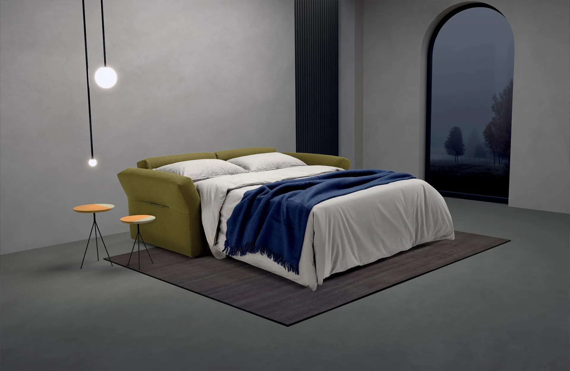 Divano letto Bold Dienne aperto con lenzuola chiare e coperta blu