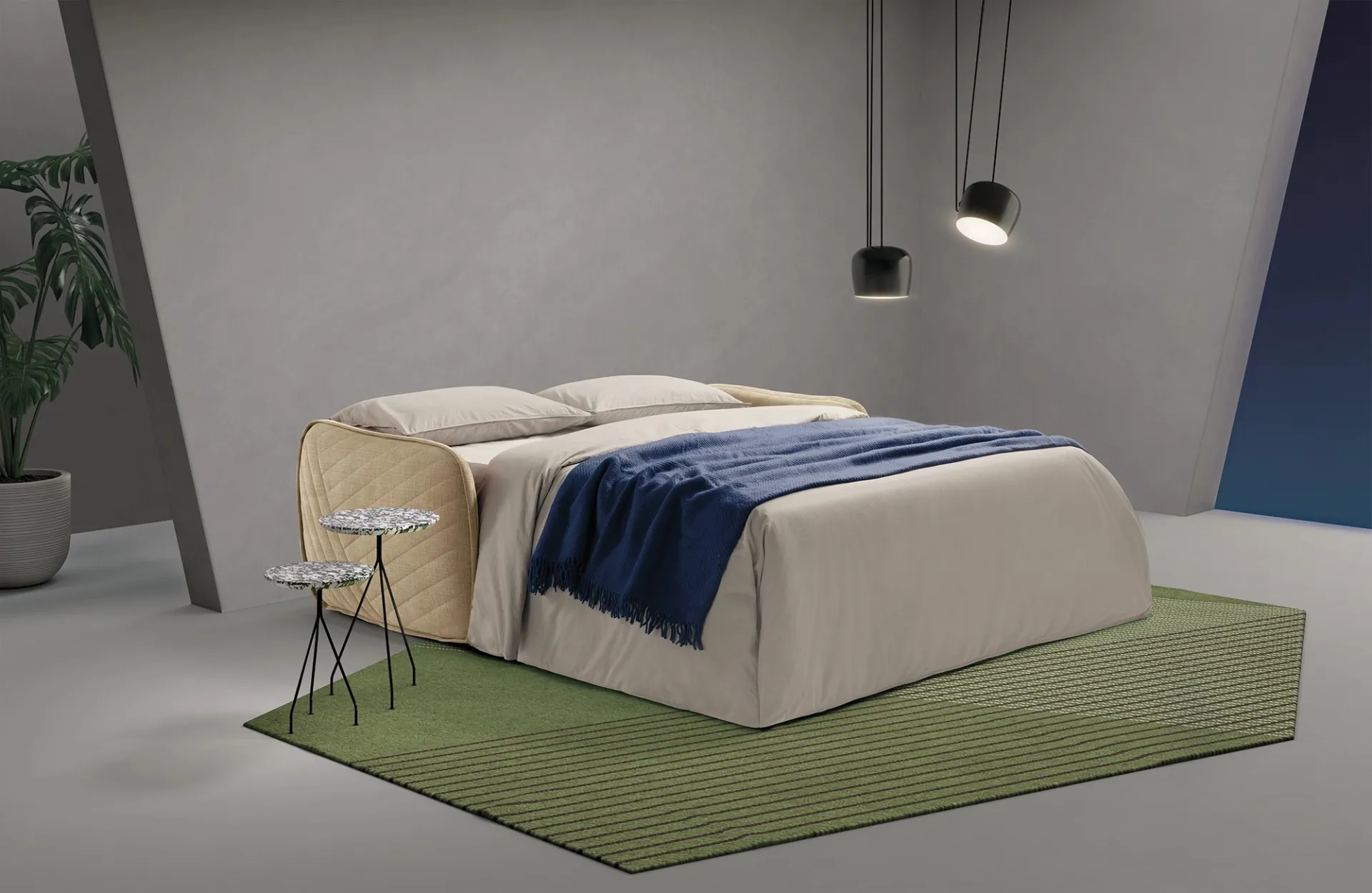 Divano letto Moon Plus Dienne aperto con materasso alto e plaid blu