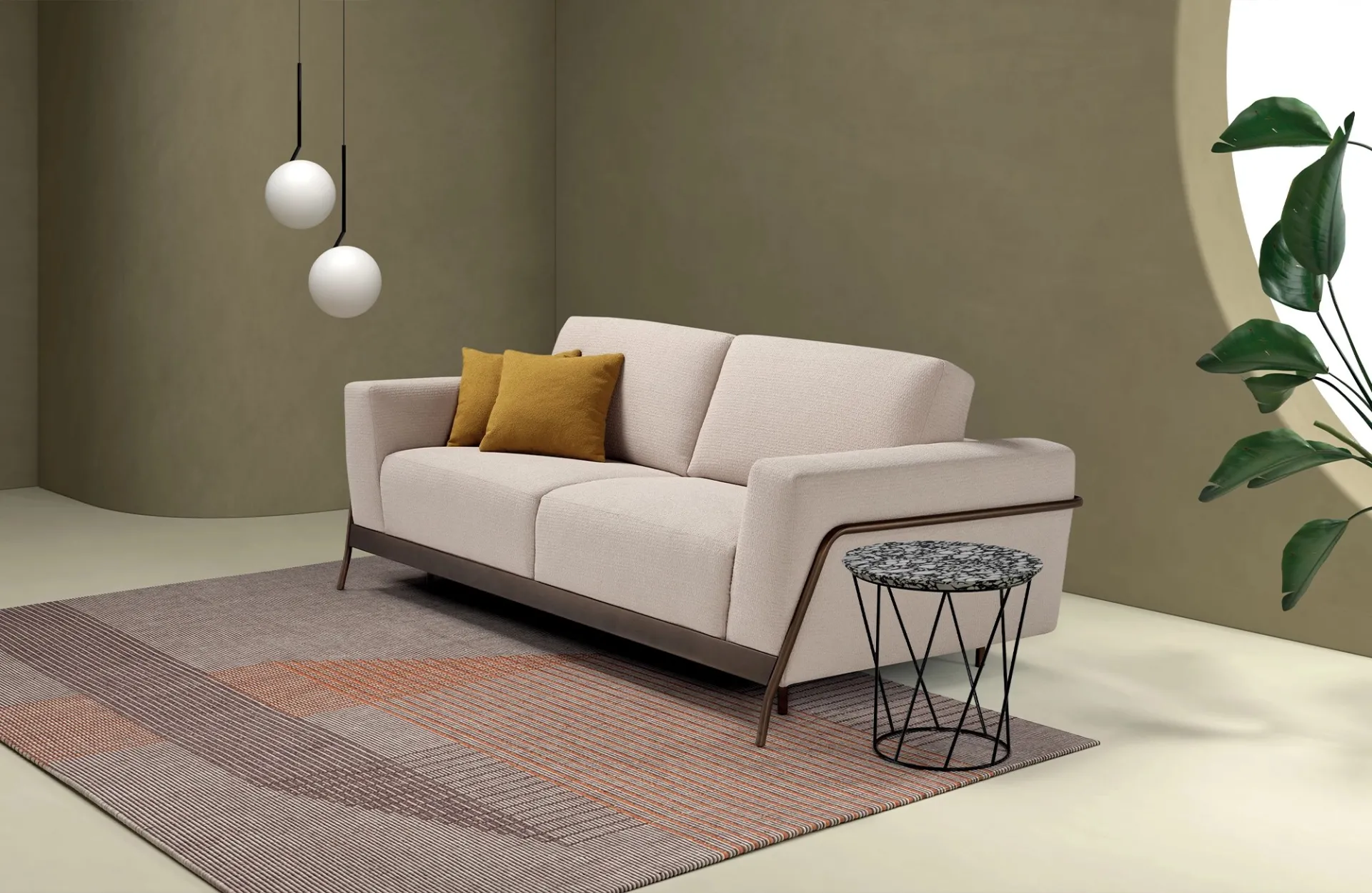 Divano letto Martinroc Dienne color panna con cornice scura, sotto due lampade a sfera