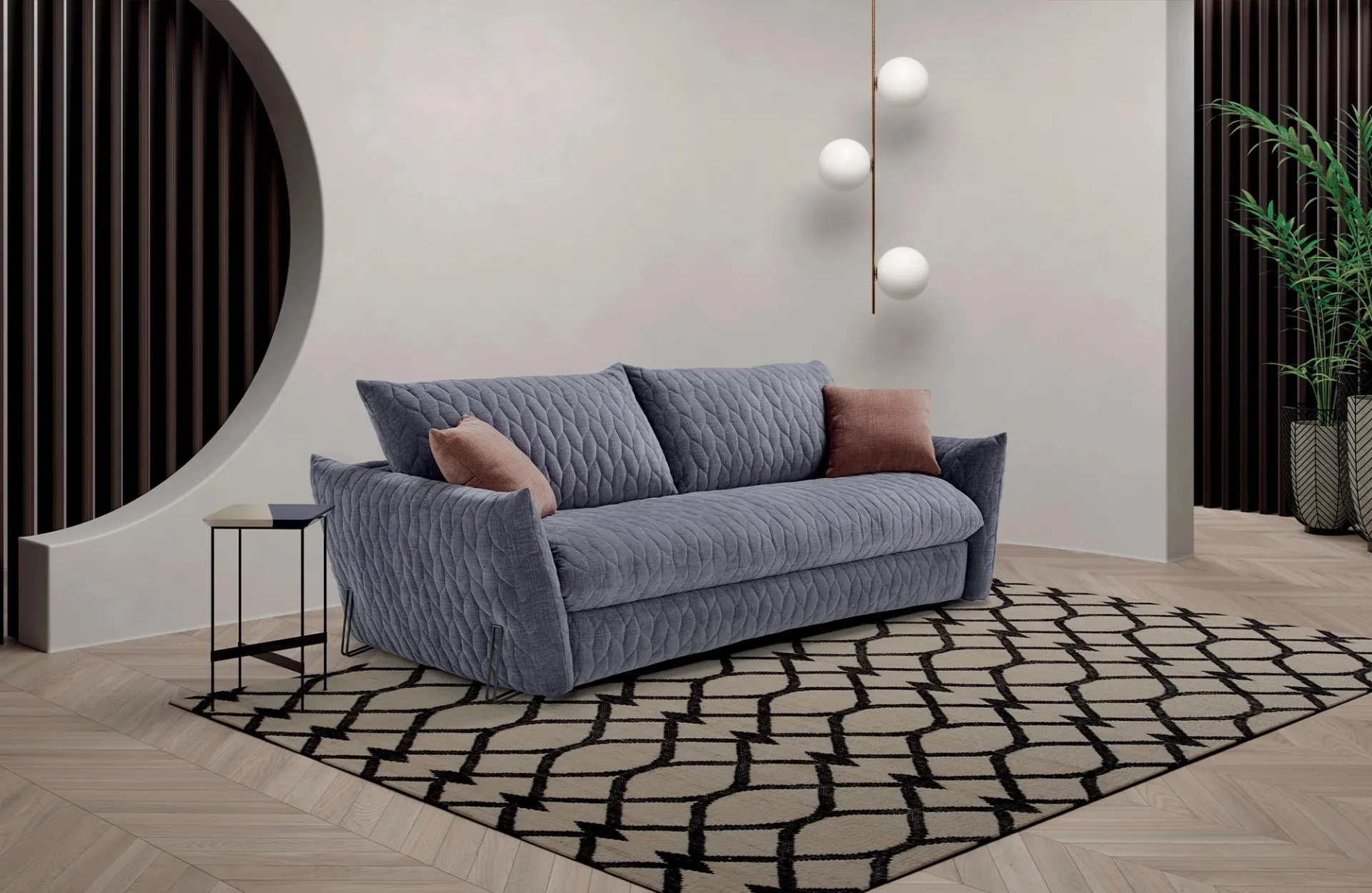 Divano letto Smooth Dienne grigio lavanda trapuntato su tappeto geometrico bianco e nero