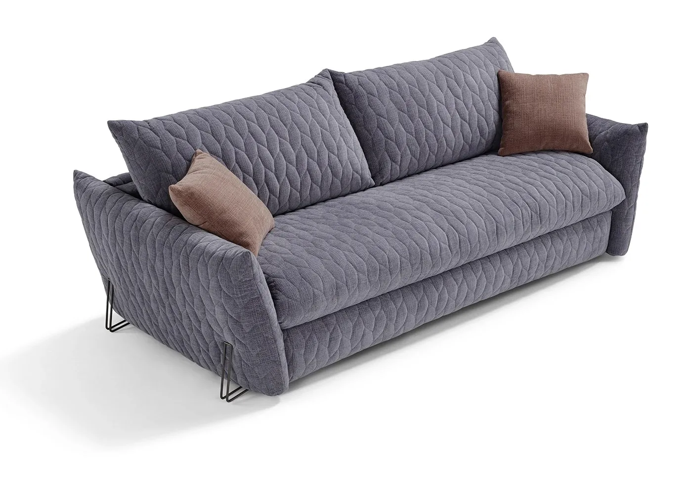 Divano letto Smooth Dienne di tre quarti con la trapuntatura a onde e i piedi in ferro a filo