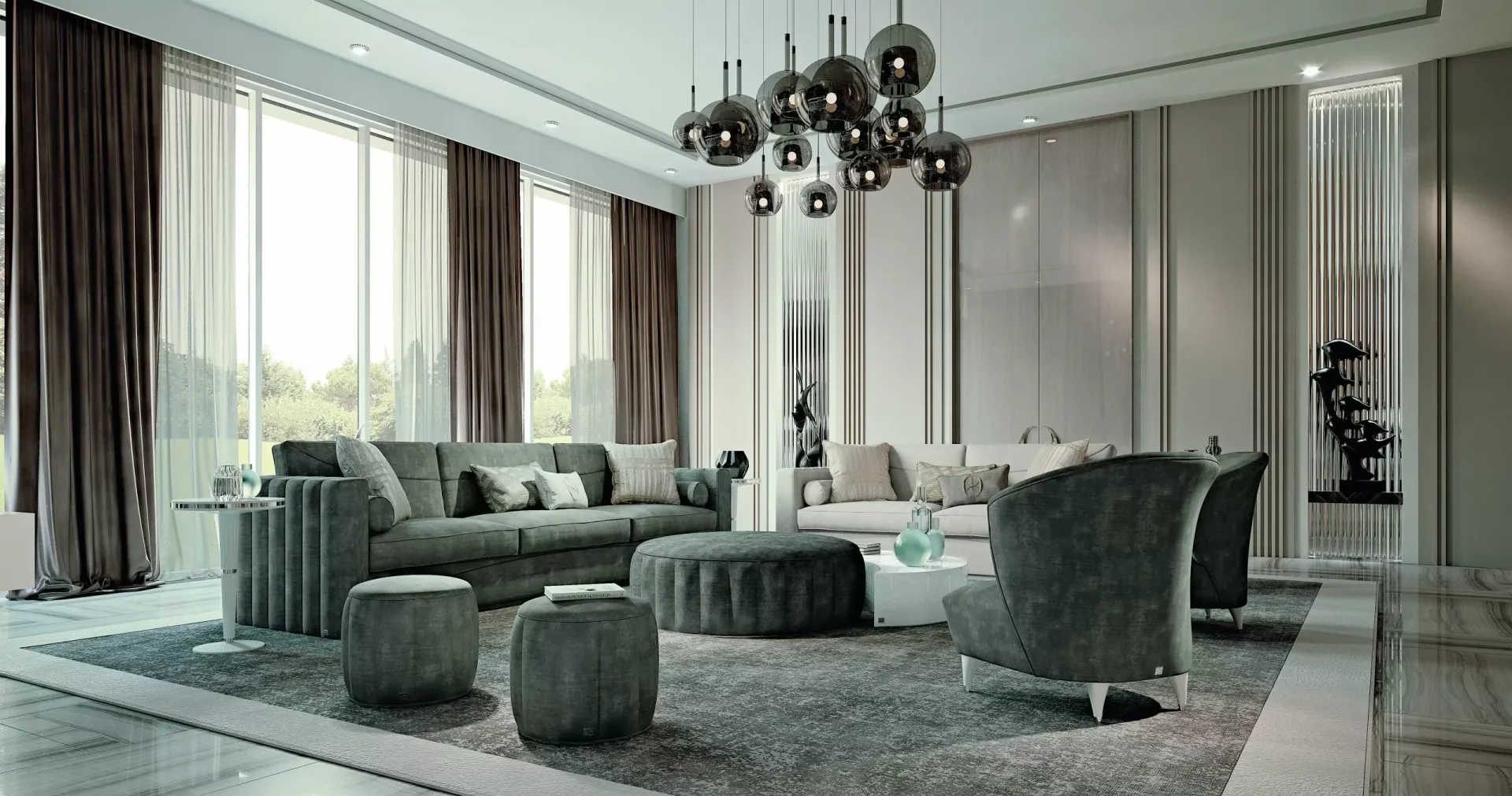 Living Ellipse Francesco Pasi con divani grigio verde, poltrone e pouf sotto lampadario a sfere