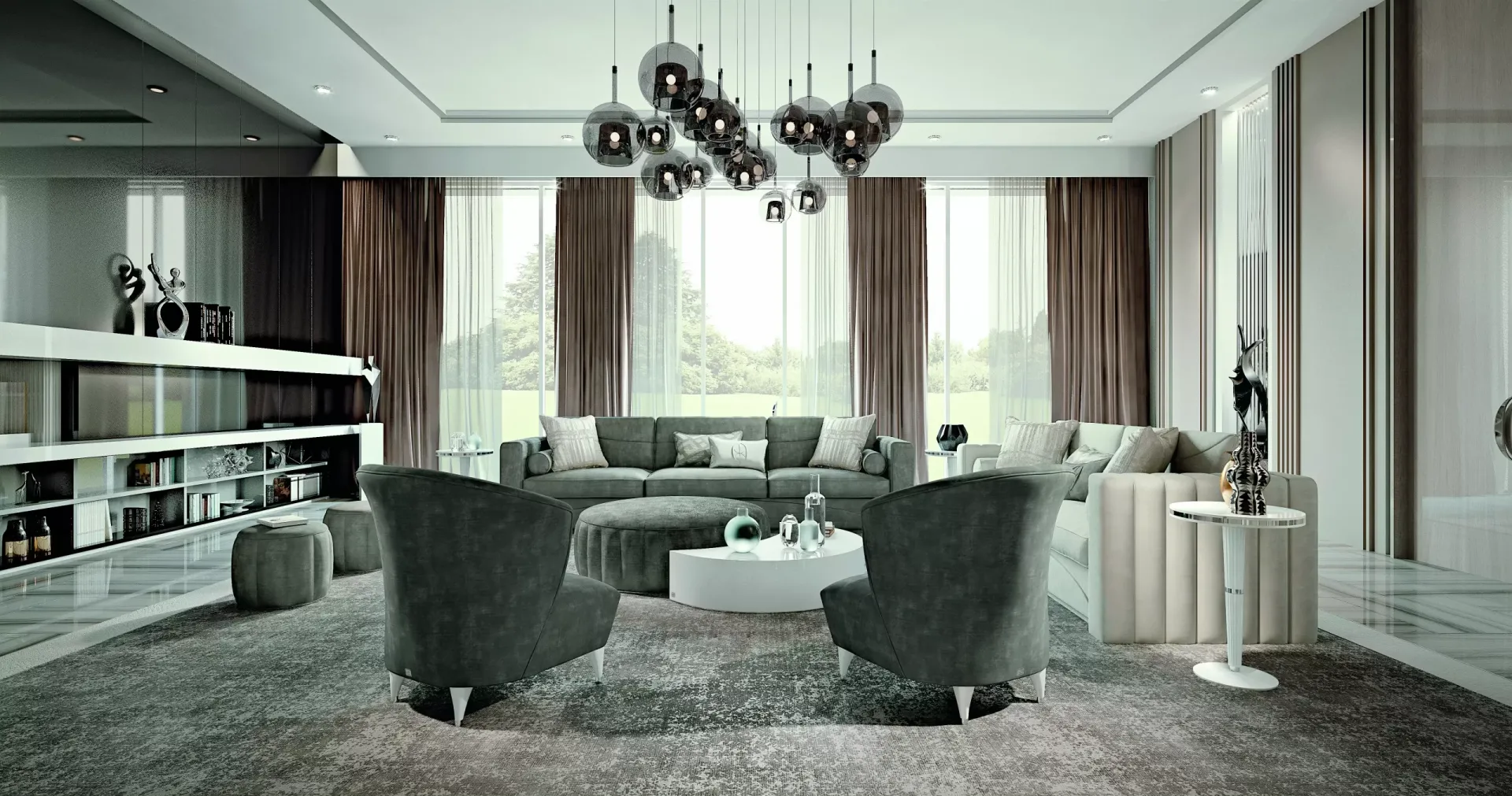 Divano 3 posti Ellipse Francesco Pasi grigio verde con poltrone e pouf in un ampio living