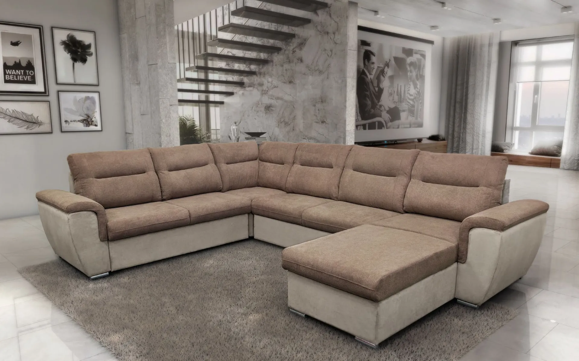 Divano angolare Urban Style Imba bicolore con penisola in un soggiorno con scala