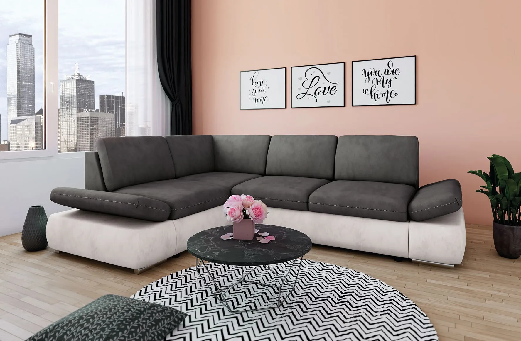 Divano angolare Urban Style Imba grigio e bianco con poggiatesta su parete rosa