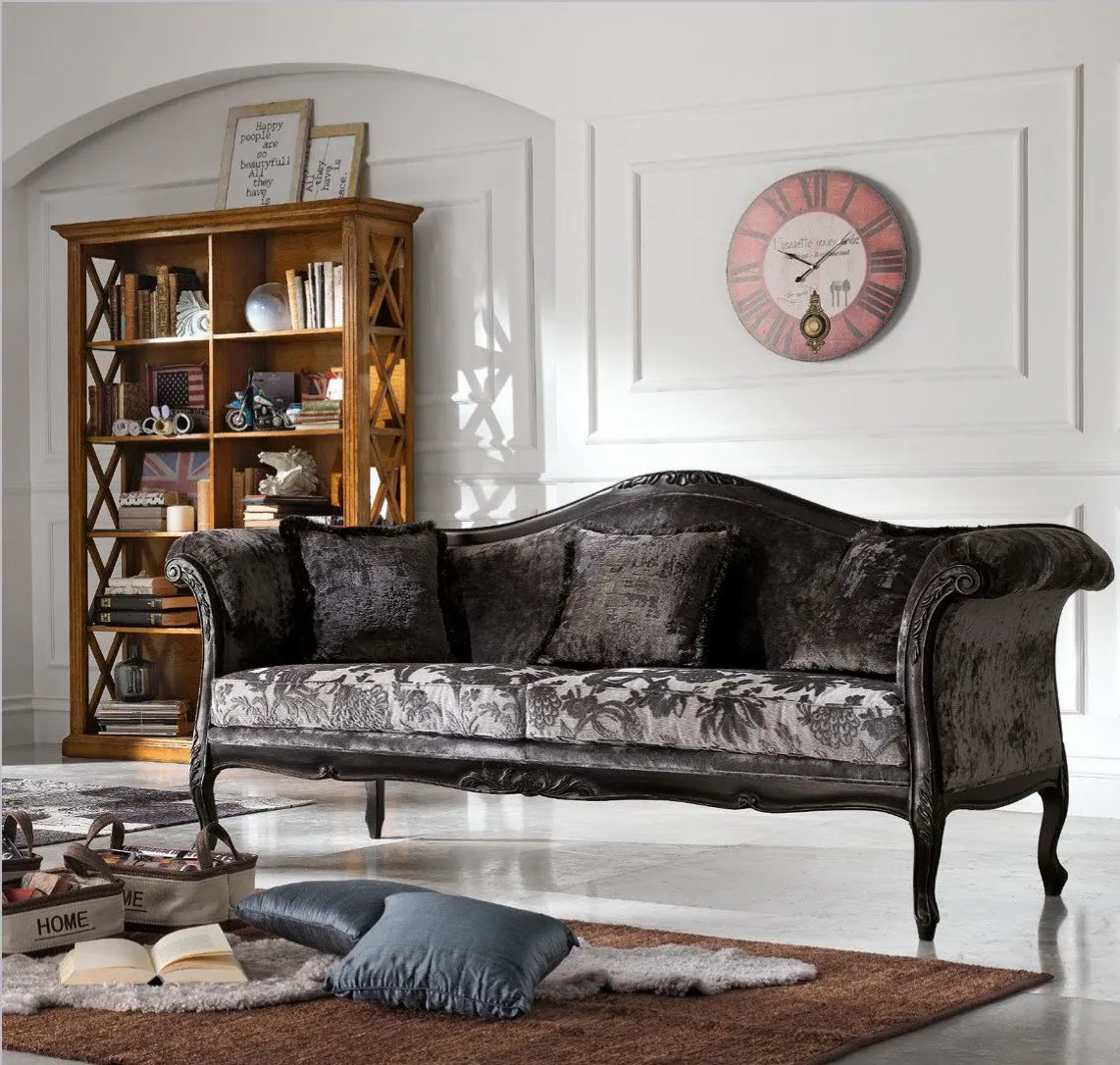 Divano Trend Style Imba con testata sagomata in velluto nero damascato