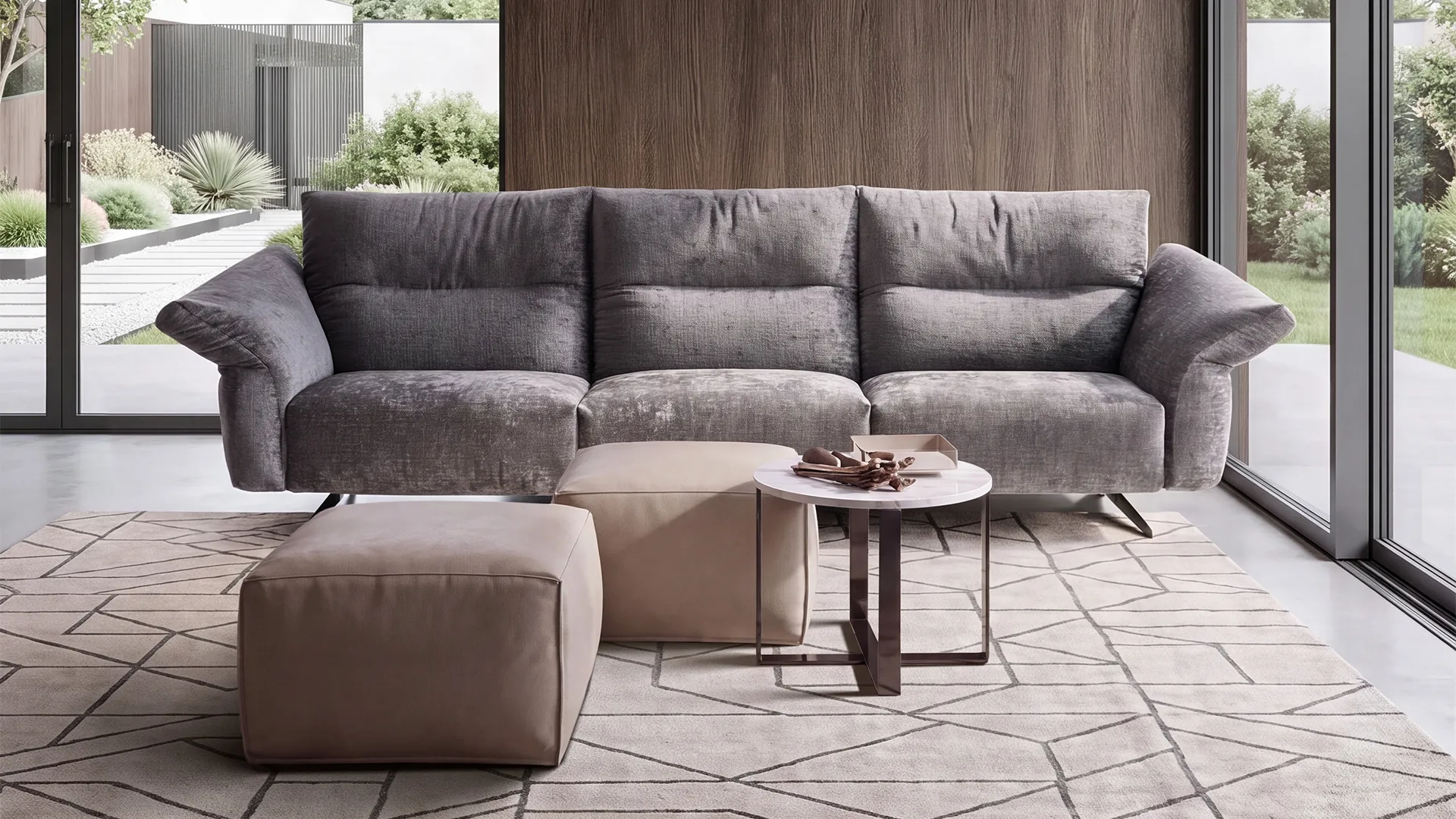 Divano Chelsea Rosini grigio scuro lineare con pouf e tavolino