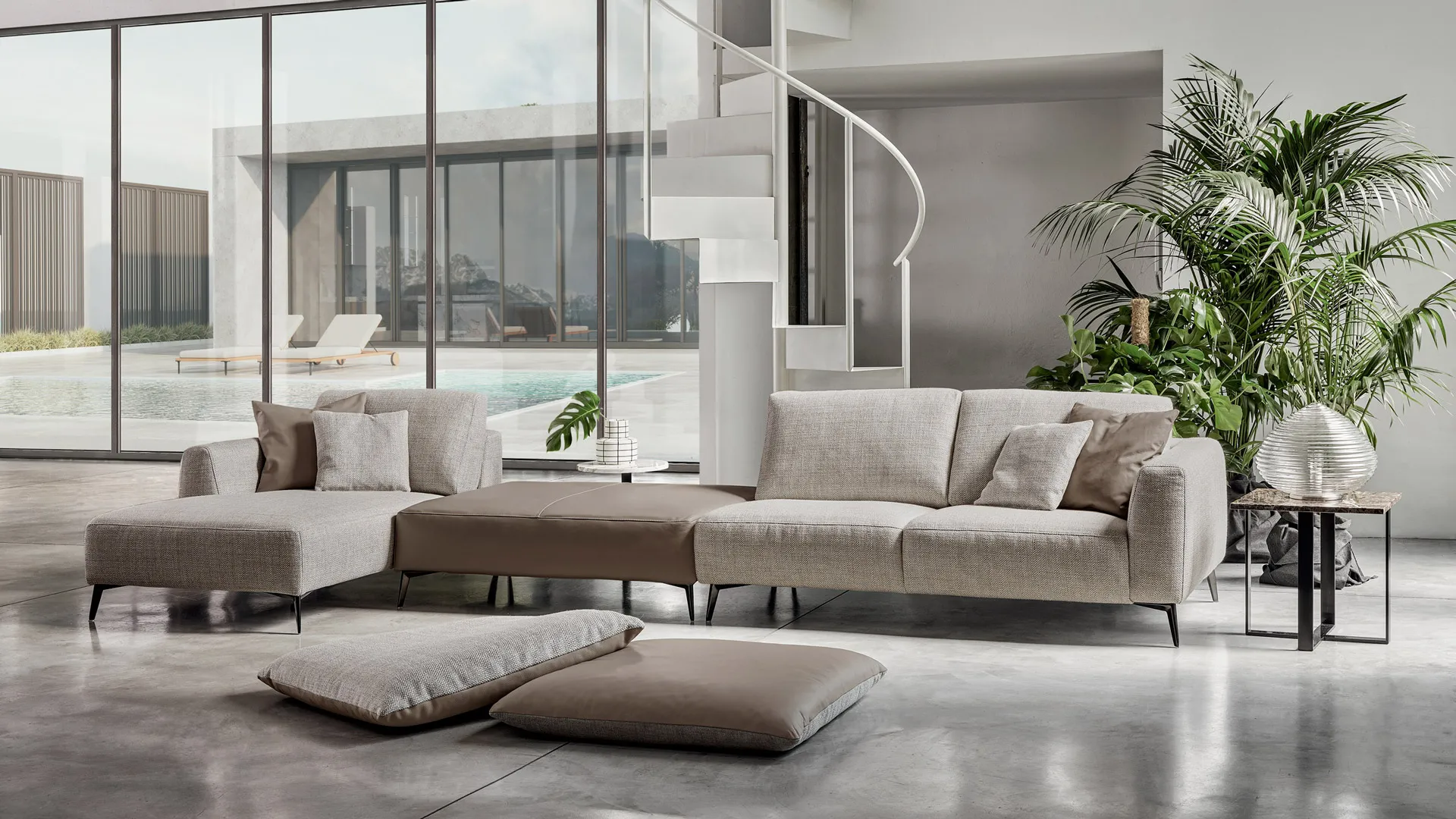 Divano componibile Liverpool Rosini con chaise longue in un soggiorno con scala
