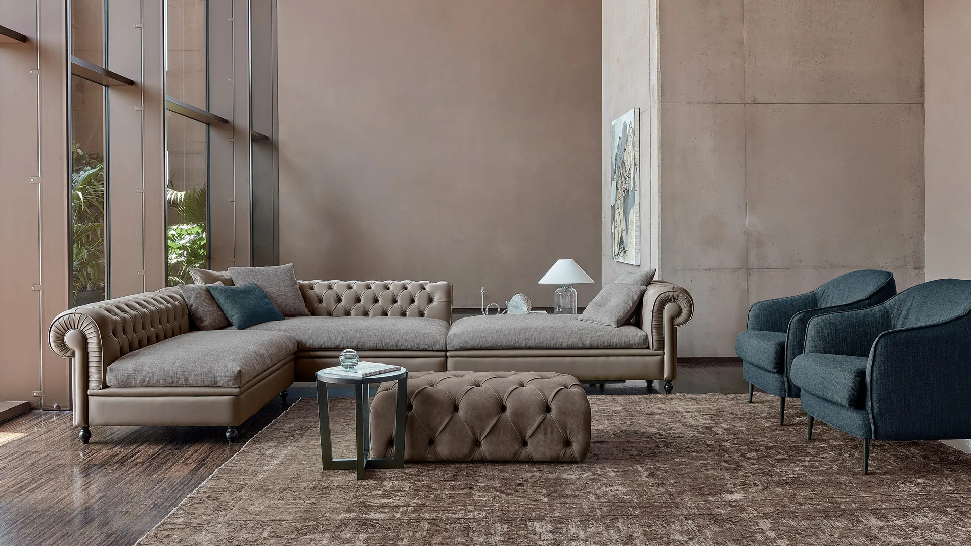 Divano capitonné Nottingham Rosini ad angolo grigio con pouf trapuntato
