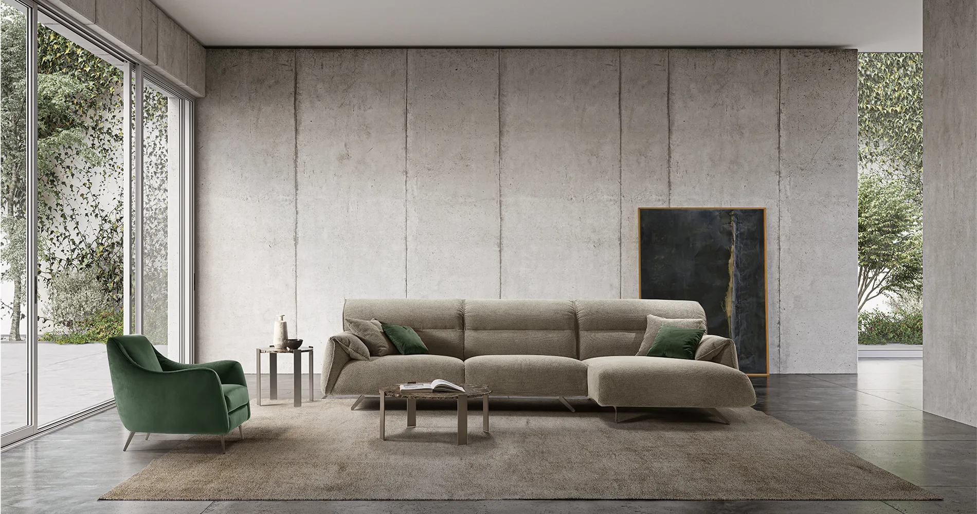 Divano Cardiff Rosini beige con chaise longue e poltrona verde