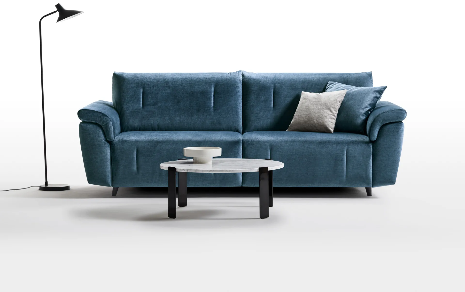 Divano letto Elba Rosini Mood blu con tavolino e lampada