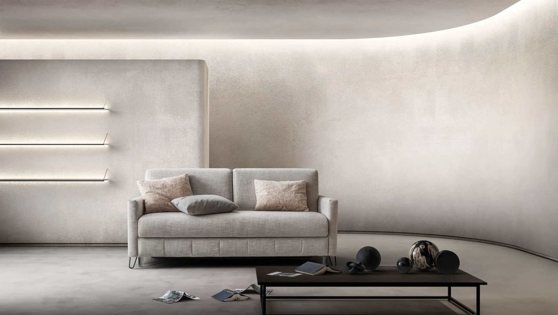 Divano letto Zoom Samoa grigio perla a tre posti in un soggiorno chiaro