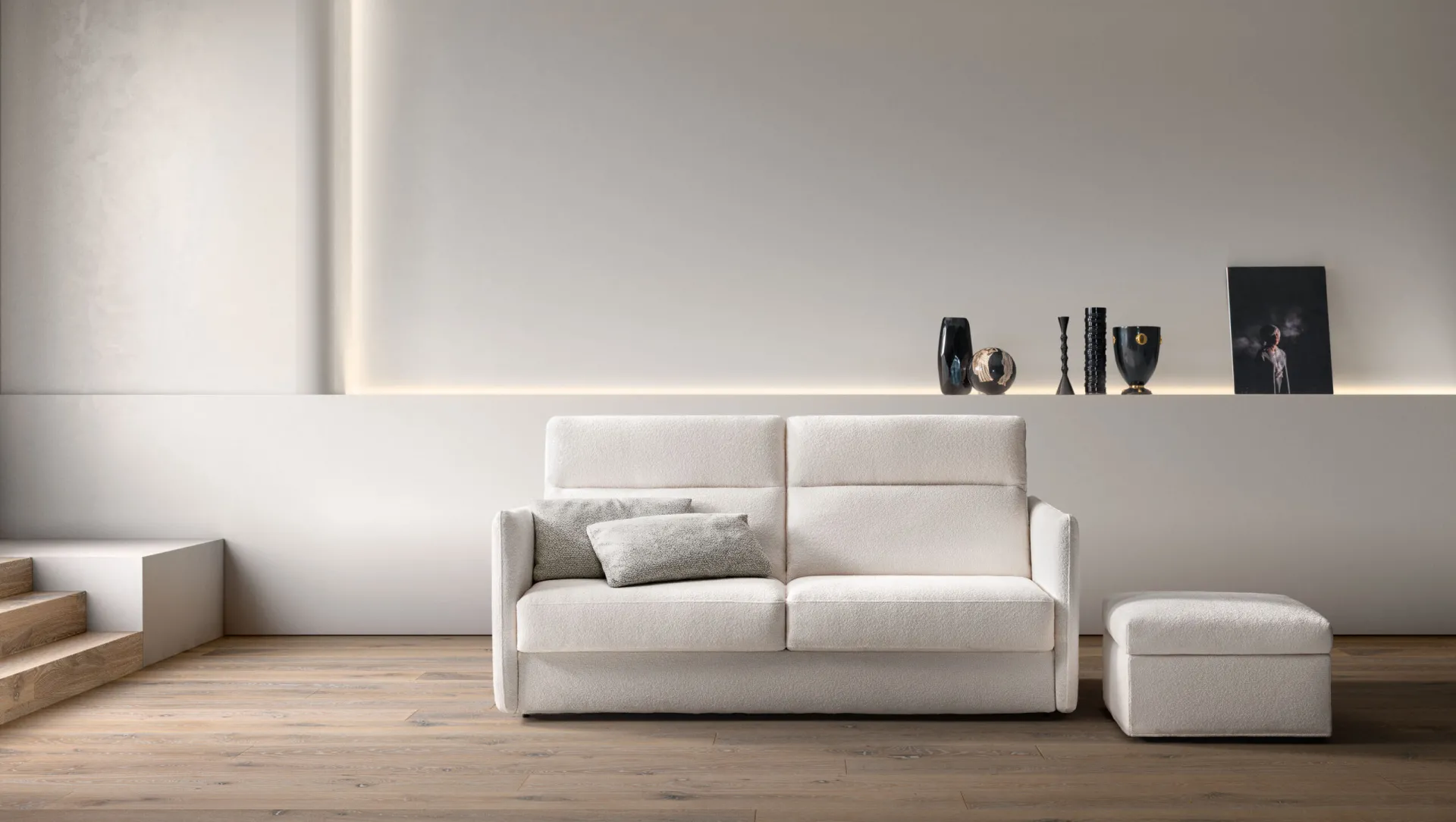 Divano letto Urban Samoa bianco a due posti con pouf cubico abbinato