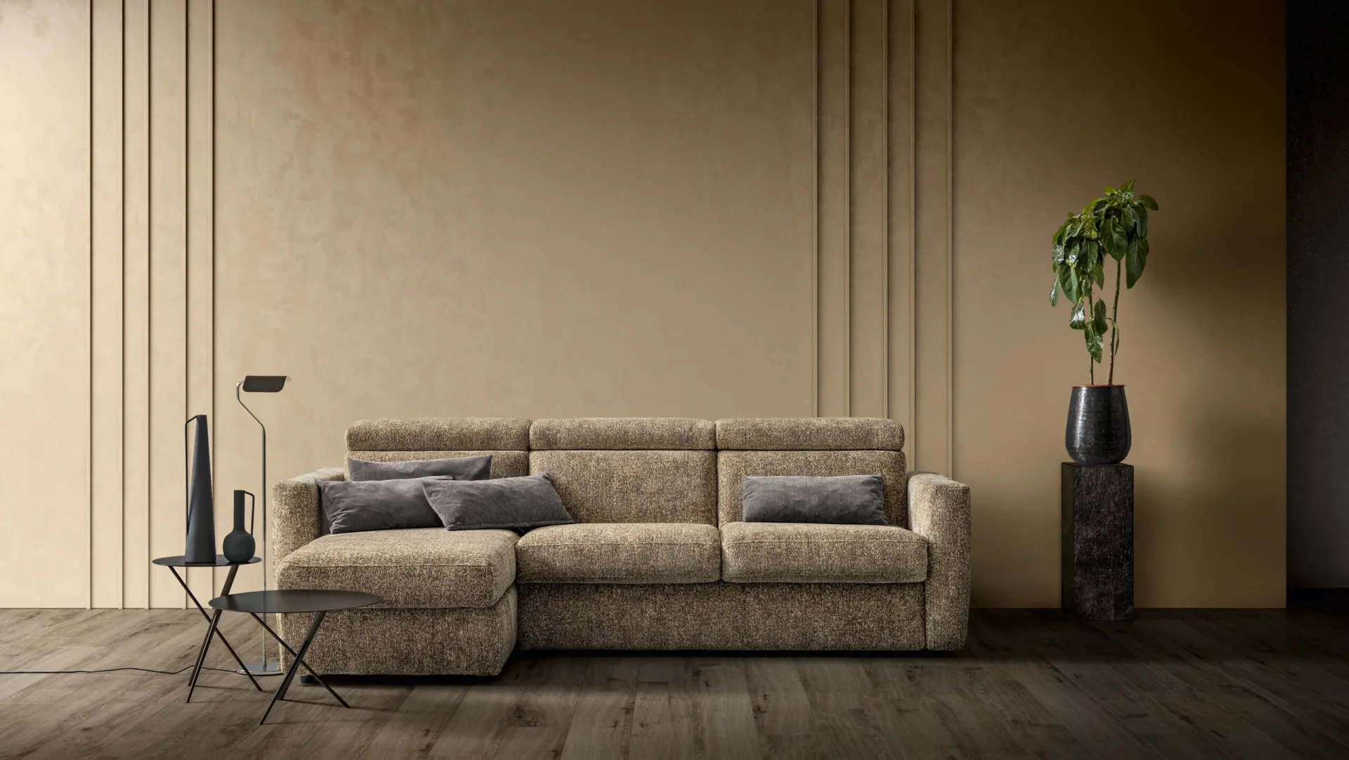 Divano letto Ground Samoa color corda con penisola e poggiatesta