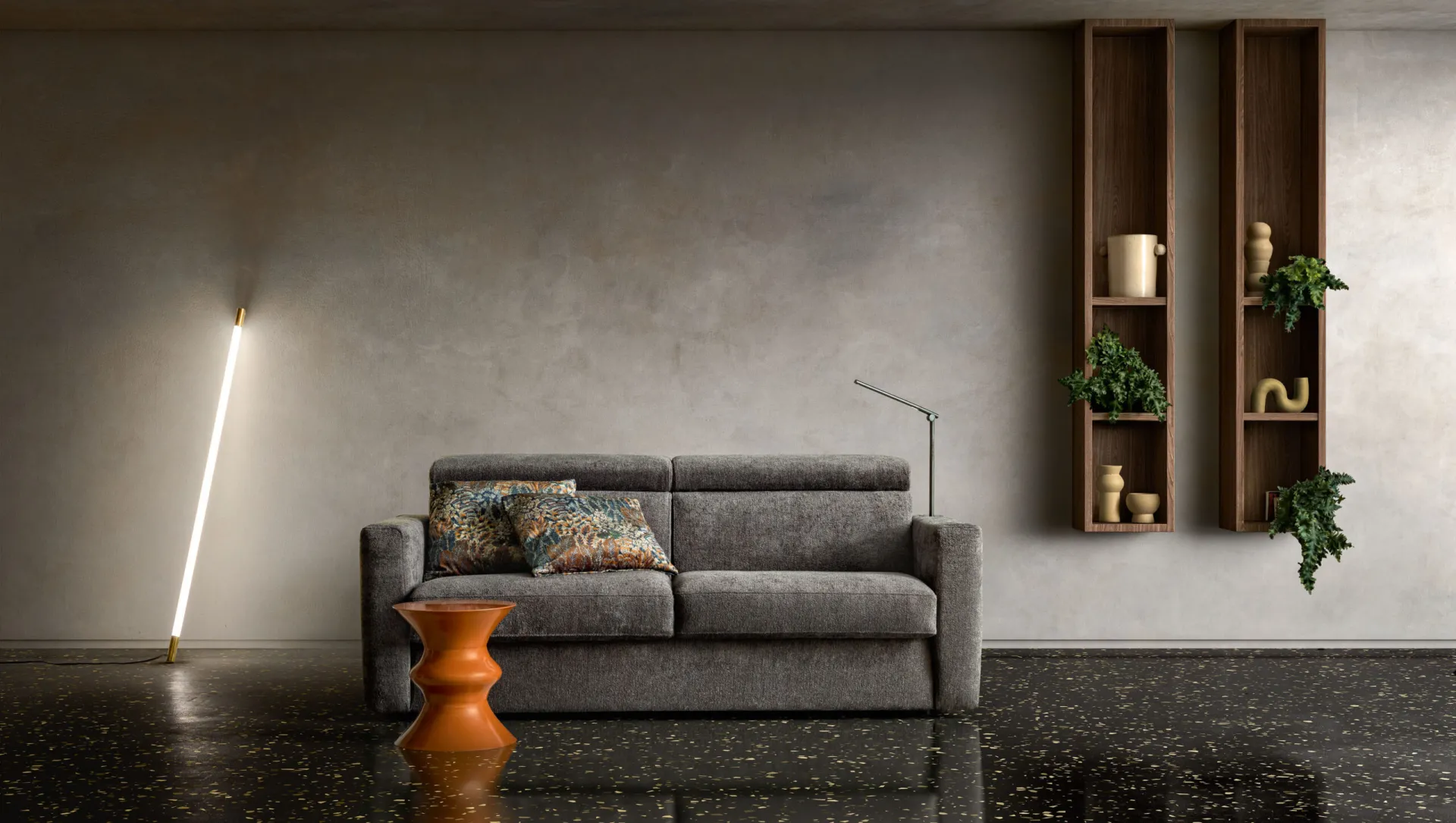 Divano letto Ground Samoa grigio scuro a tre posti con cuscini fantasia