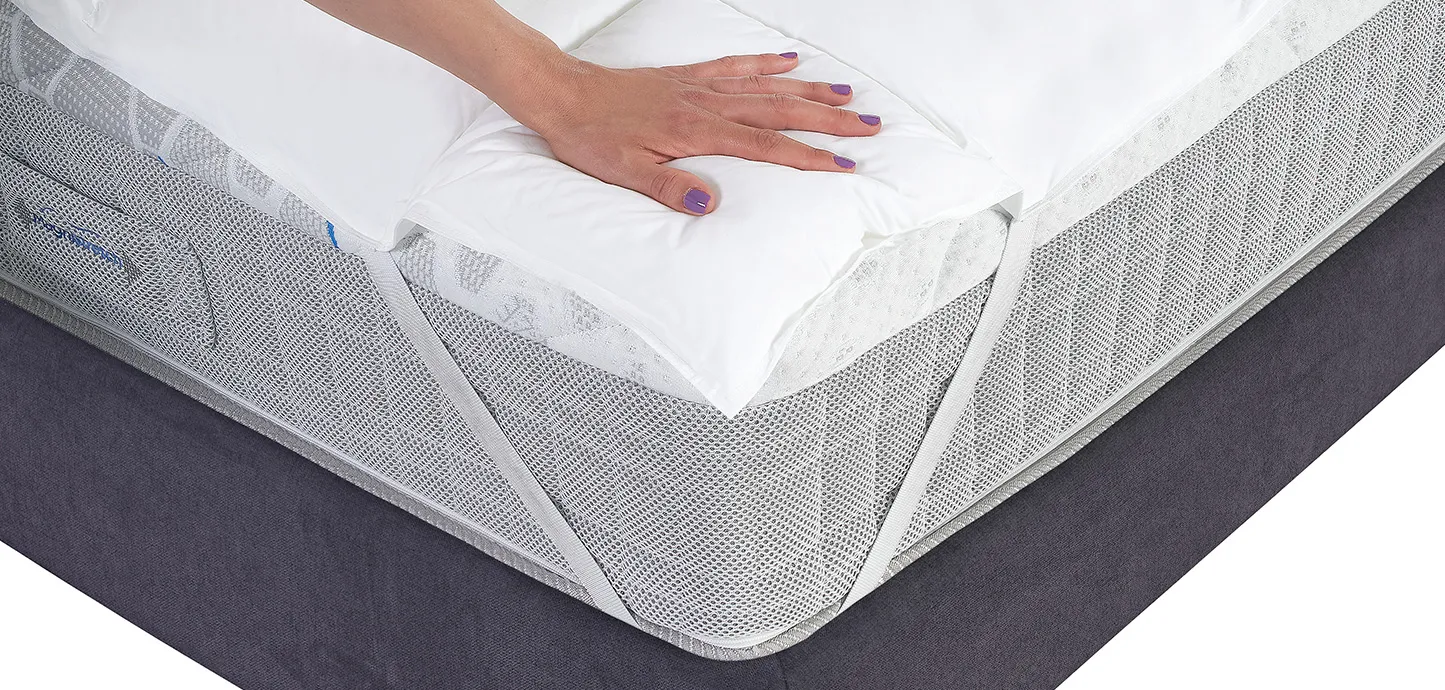 Mano che preme sul Topper Essenziale Magniflex fissato all'angolo del materasso