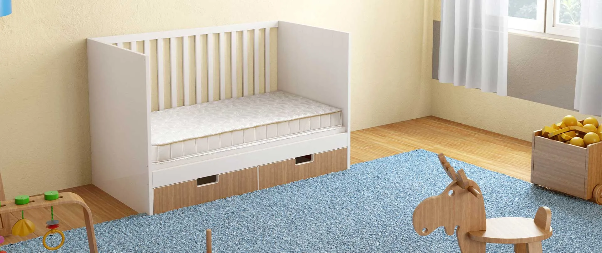 Materasso per bambini Fiaba 5 Plus Magniflex in un lettino bianco con sponde, in una cameretta