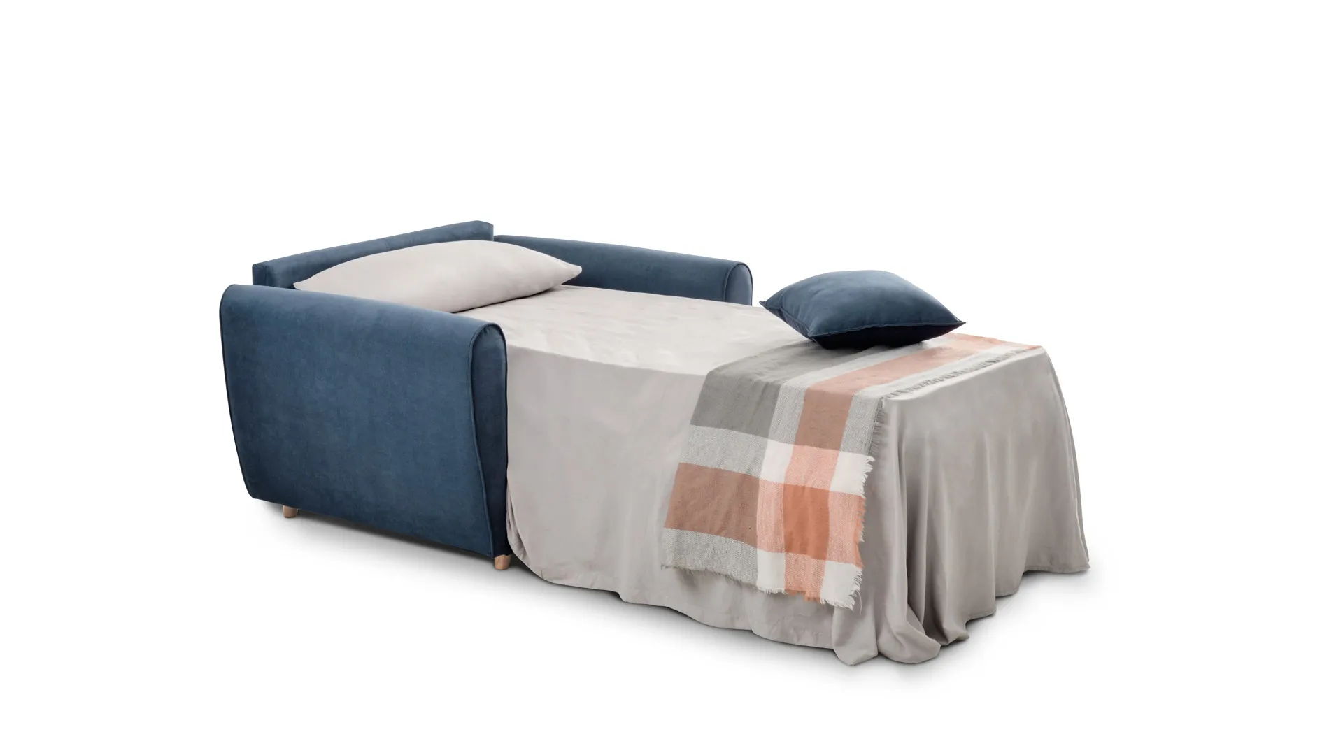 Poltrona letto Gina Basic Aerre Divani blu aperta con plaid a quadri