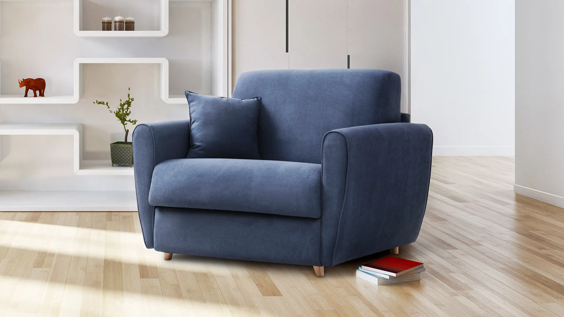 Poltrona letto Gina Basic Aerre Divani blu davanti a una mensola bianca