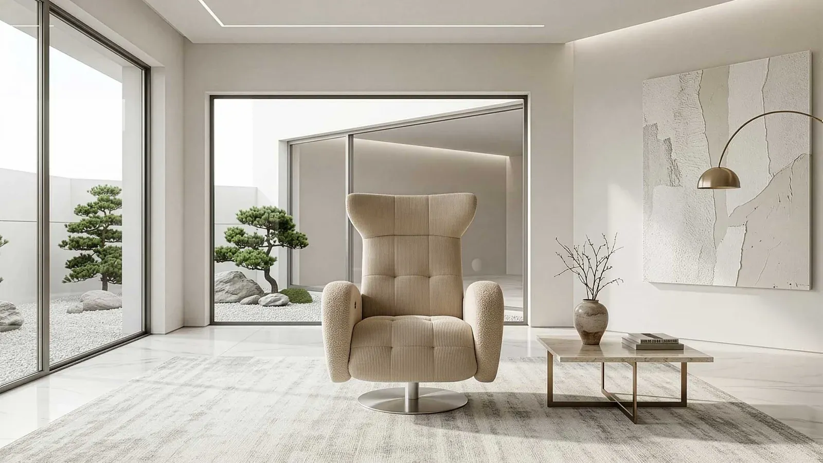 Poltrona Grace Binomi tortora in un ambiente bianco minimale