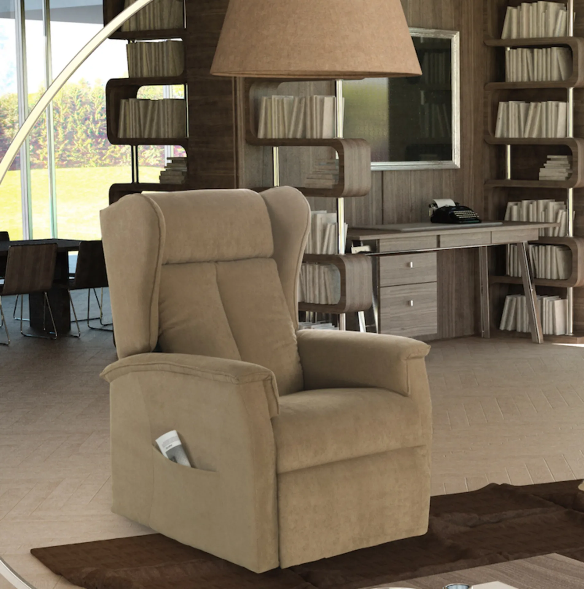 Poltrona alzapersona Venere Brima Italia beige in uno studio con libreria