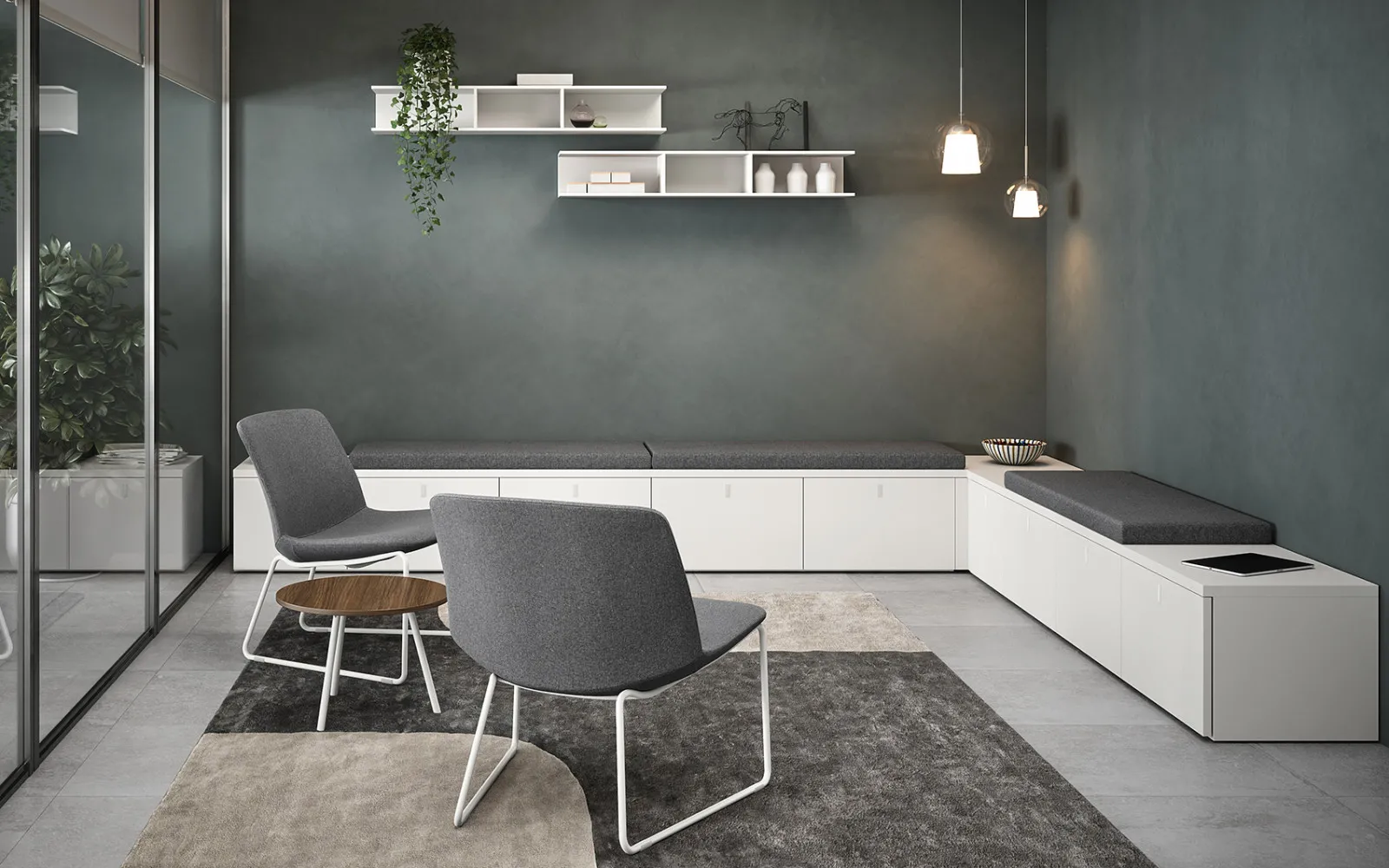 Poltroncine Sneek lounge Cinquanta3 grigie in un ingresso con panca