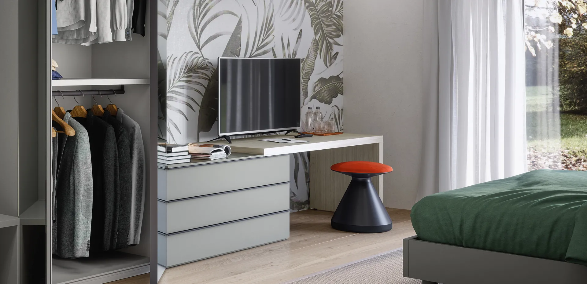 Pouf Tokyo Cinquanta3 arancio davanti allo scrittoio in camera