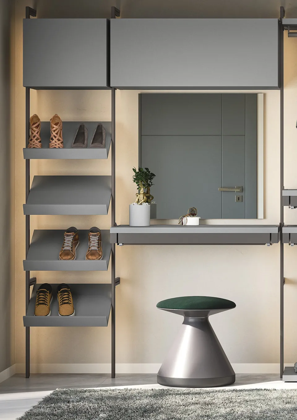 Pouf Tokyo Cinquanta3 verde sotto la consolle di una cabina armadio