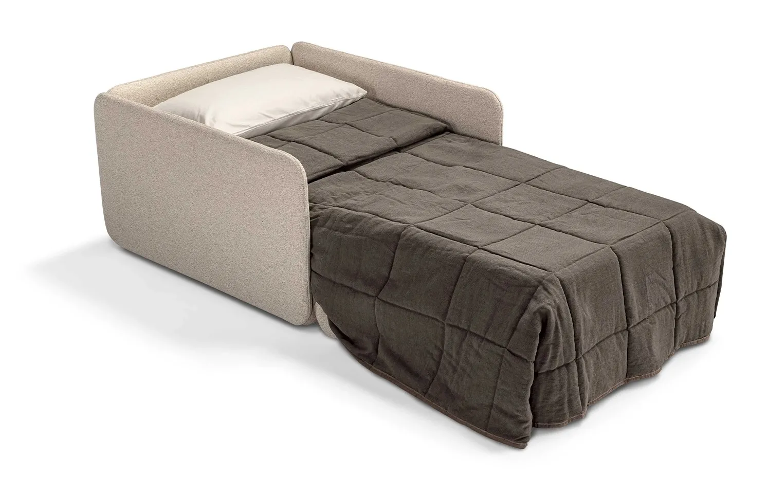 Poltrona letto Phil Dienne aperta come letto singolo con coperta marrone