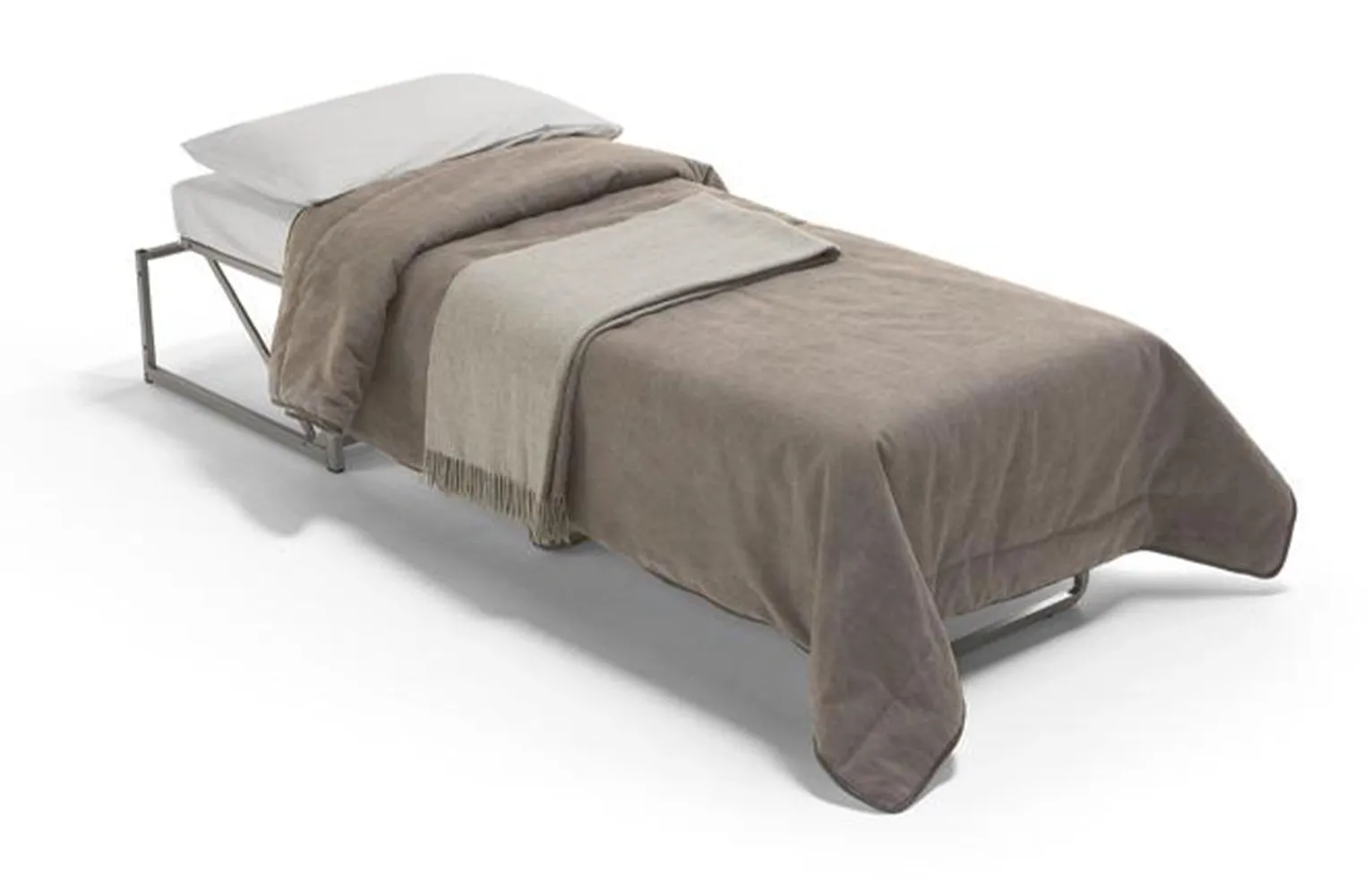 Pouf letto Chip Dienne aperto come lettino singolo con copriletto tortora