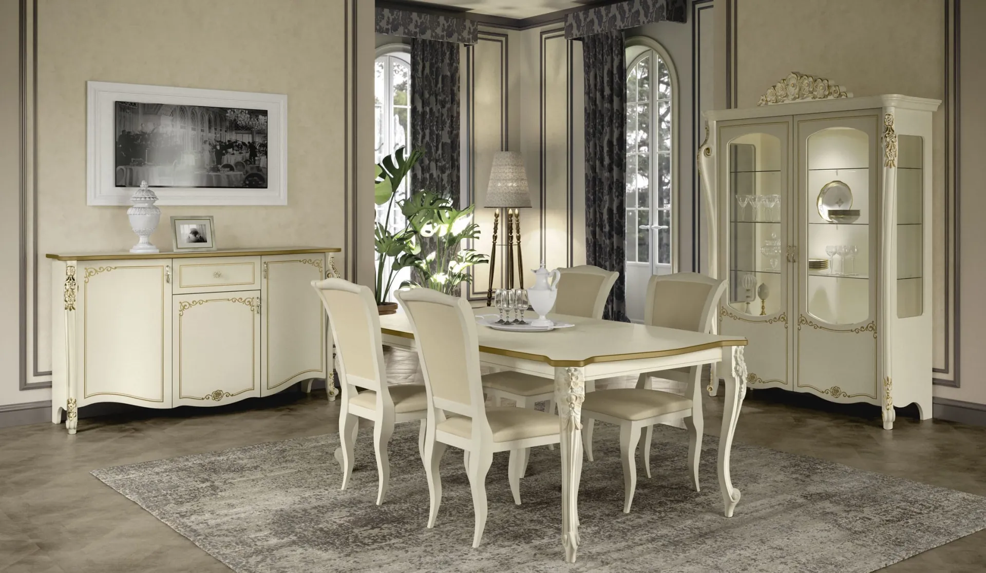 Tavolo rettangolare Pandora Adriatica in frassino beige con sedie e madia classica