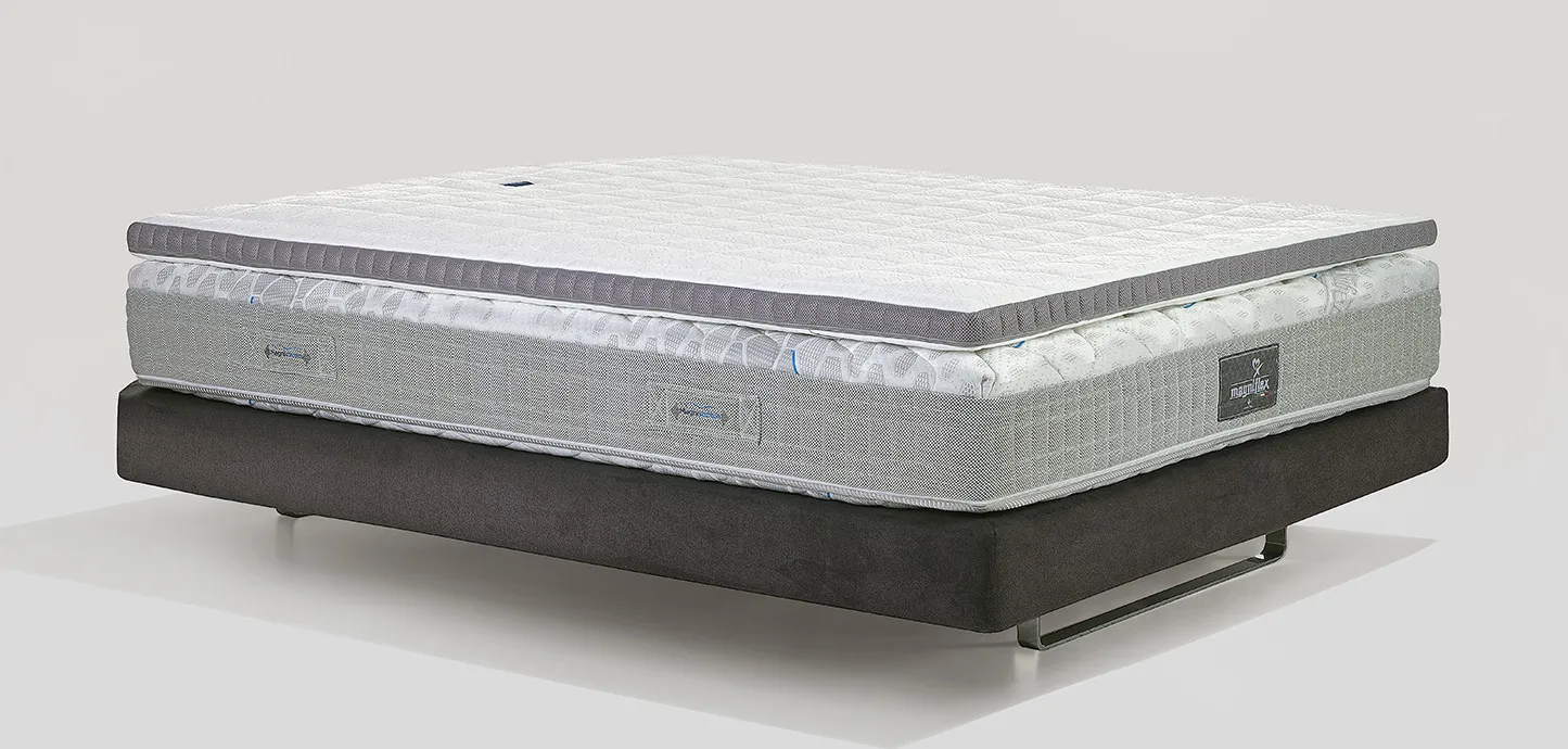 Topper Classico Plus Firm Magniflex con bordo grigio appoggiato su un materasso